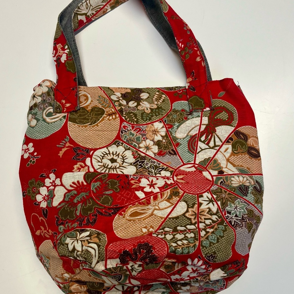Floral Red Asian / Kimono Style handmade design tote handbag   Travel washable